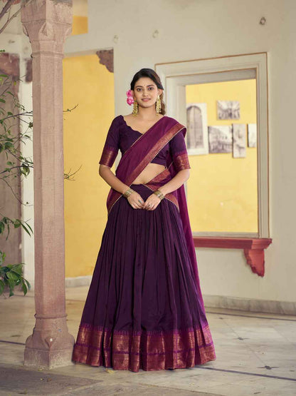 Purple Pure Poly Poly Cotton with Zari Woven Half Saree Lehenga