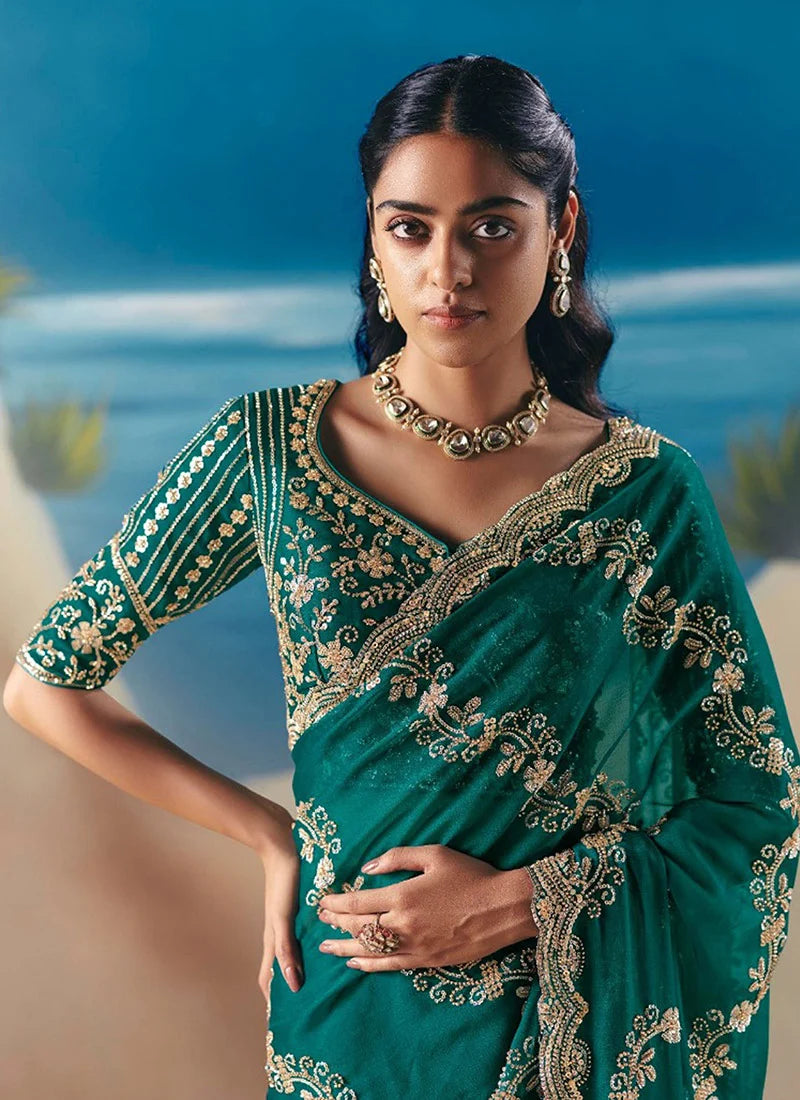 Teal Green Fancy Organza Silk Zari Embroidered Sequins With Bridal Saree