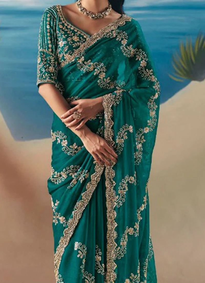 Teal Green Fancy Organza Silk Zari Embroidered Sequins With Bridal Saree 