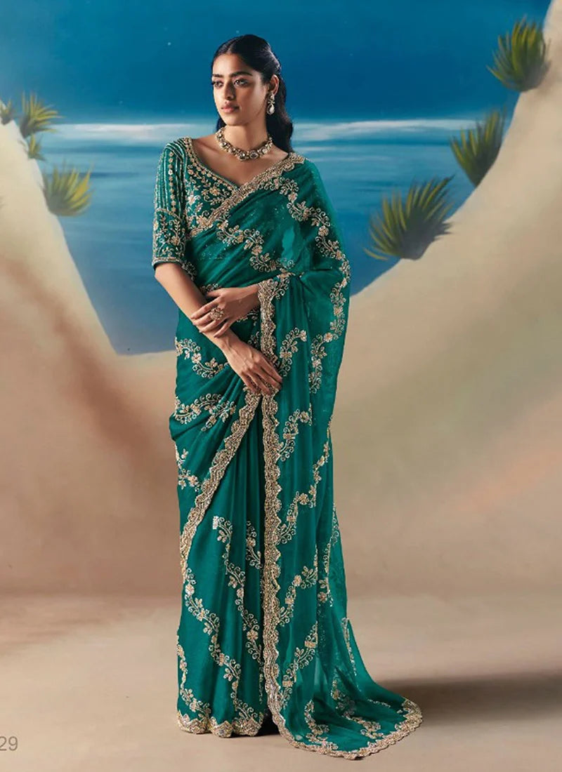Teal Green Fancy Organza Silk Zari Embroidered Sequins With Bridal Saree