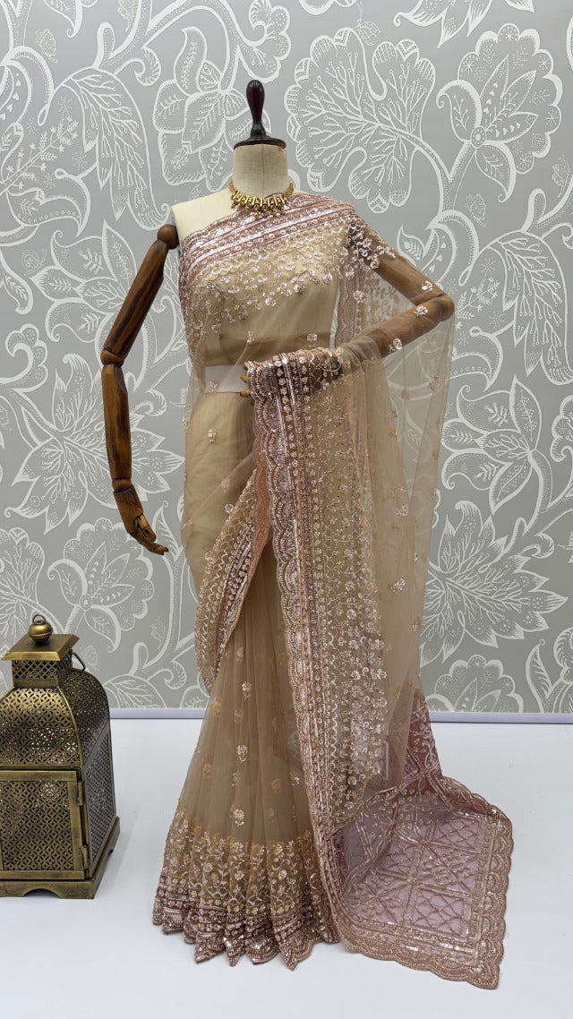 Cream Gold Pure Premium Net Handwork Kasti &amp; Motif Zari Metallic Sequins Work Wedding Saree