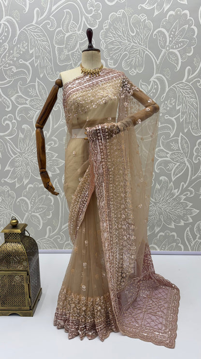 Cream Gold Pure Premium Net Handwork Kasti &amp; Motif Zari Metallic Sequins Work Wedding Saree