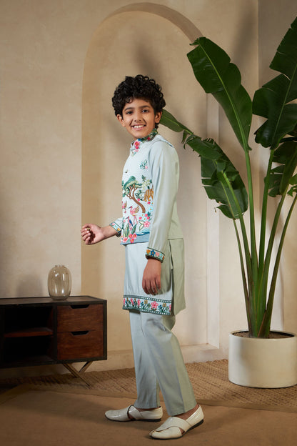 Pista Pure Viscose Silk Silk Kids Boy Kurta Pajama With Koti Jacket 