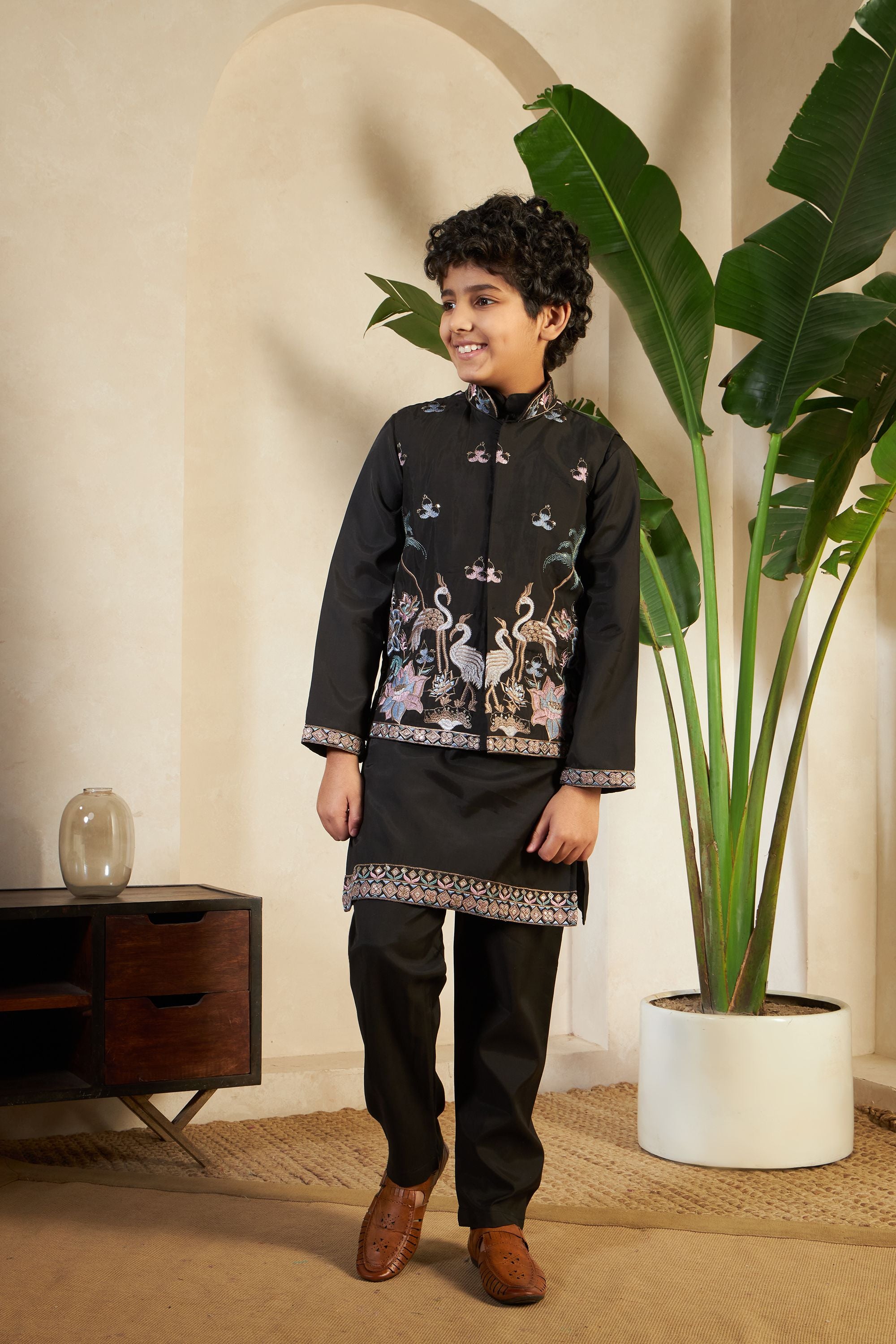 Black Pure Viscose Silk Silk Kids Boy Kurta Pajama With Koti Jacket 