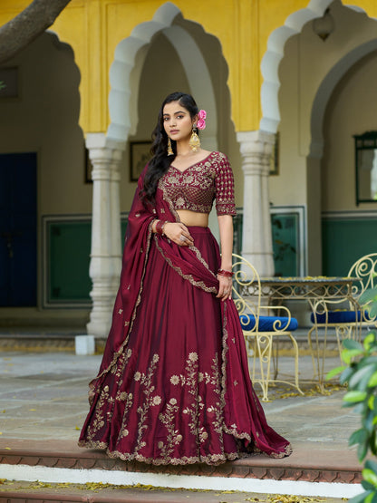 Maroon Pure Rangoli Silk Sequins &amp; Thread Embroidery Work Lehenga Choli