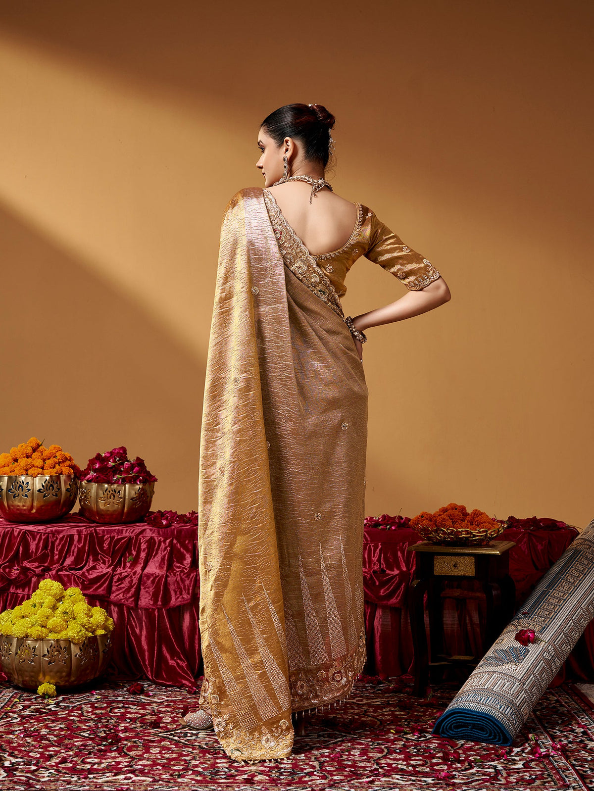 Golden Pure Kanjivaram Rich Zari Embroidery &amp; Tube Beads Work Tissue Saree