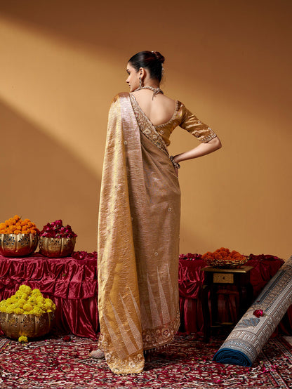 Golden Pure Kanjivaram Rich Zari Embroidery &amp; Tube Beads Work Tissue Saree
