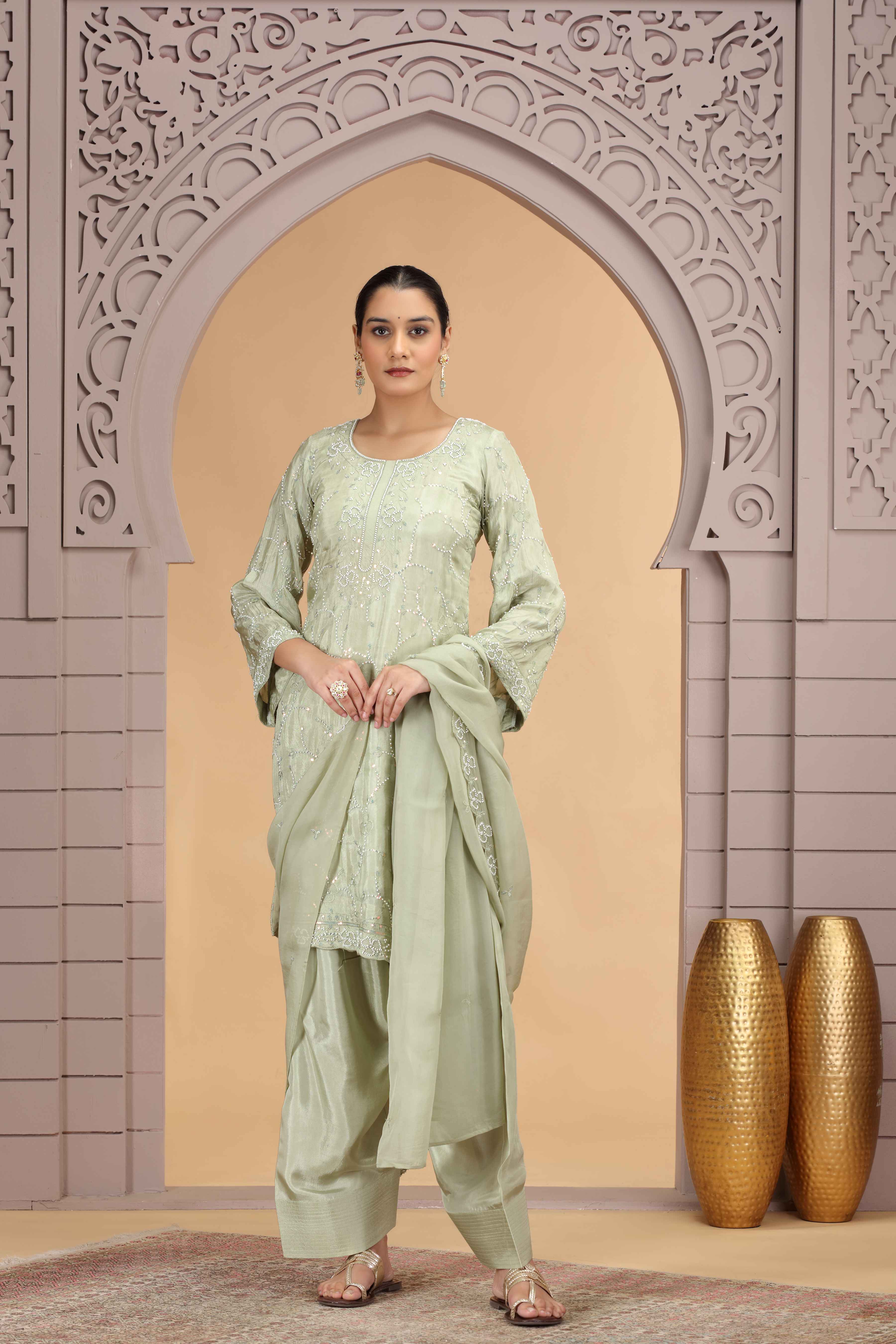 Pastel Green Satin Silk Straight Suit with Farsi Pant & Dupatta