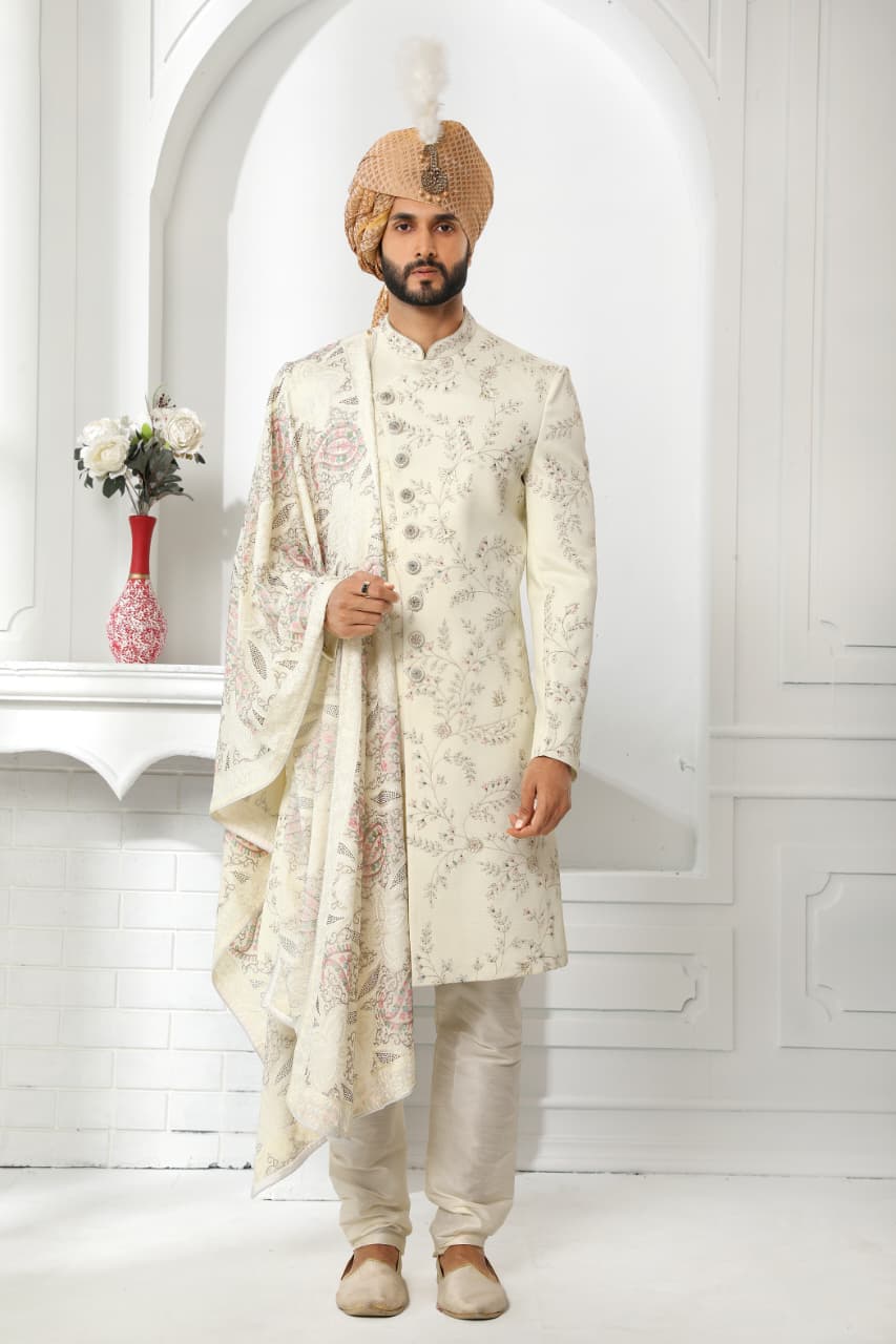 Cream Art Silk Sherwani for Men with Dupatta