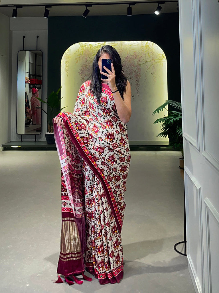 White Color Floral &amp; Foil Work Gaji Silk Saree