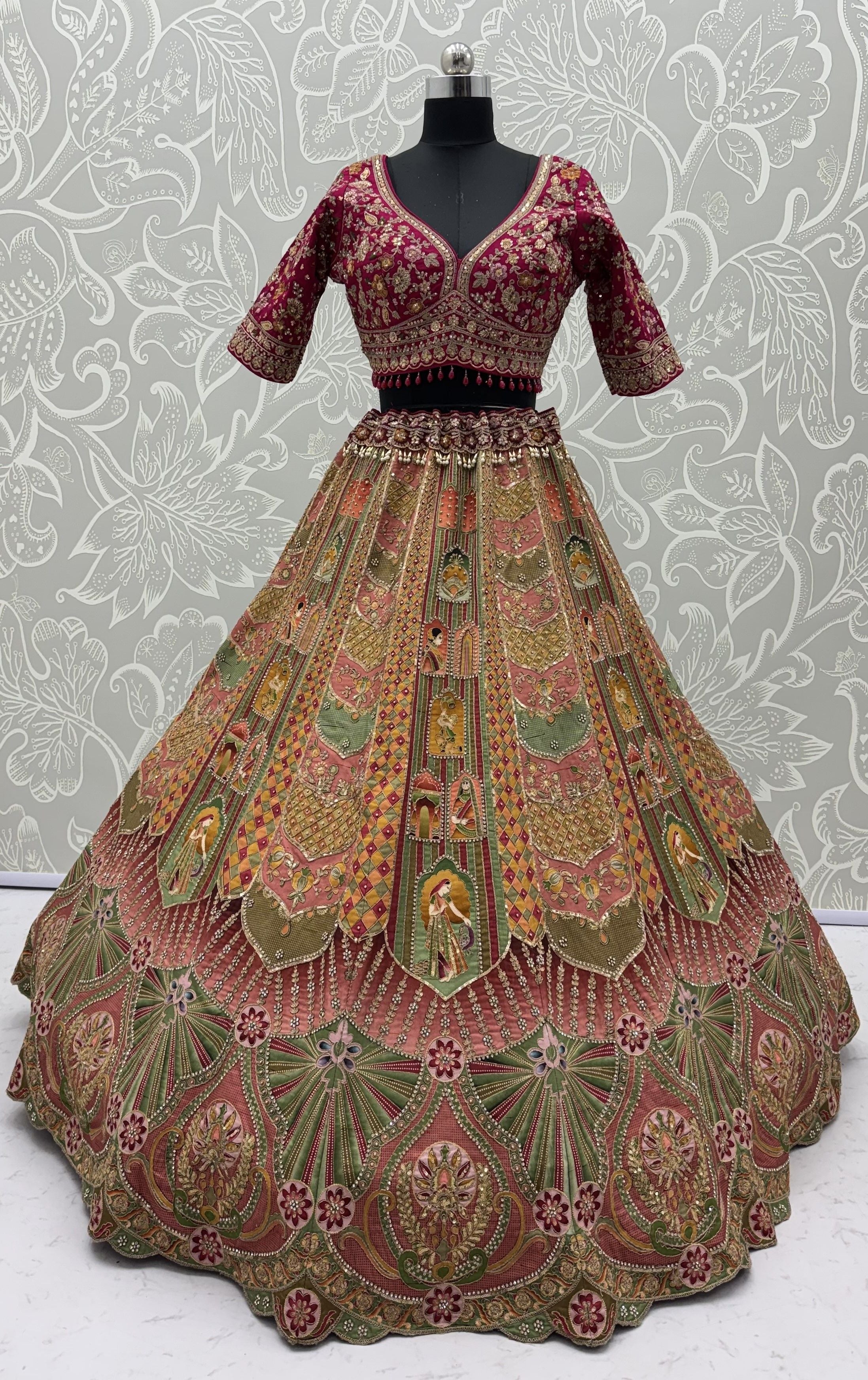 Multi Colour Pure Slub Silk Premium Dori Embroidery Sequins &amp; Diamond Work Bridal Lehenga Choli
