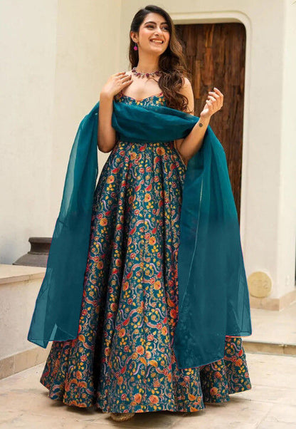 Teal Blue Pure Heavy Soft Silk Digital Printed Anarkali Gown
