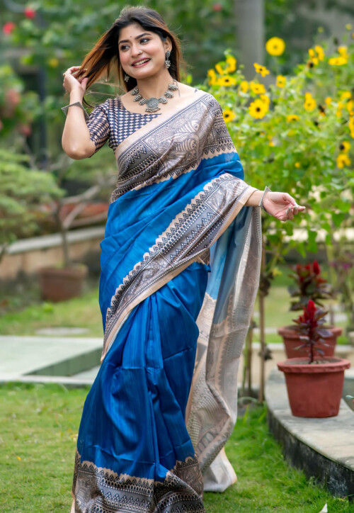 Teal Blue Pure Soft Tussar Silk Madhubani Saree