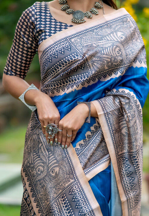 Teal Blue Pure Soft Tussar Silk Madhubani Saree