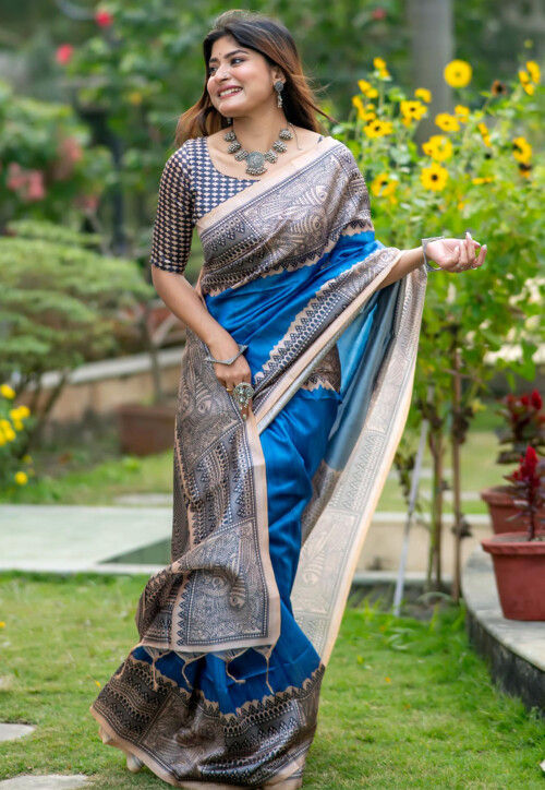 Teal Blue Pure Soft Tussar Silk Madhubani Saree