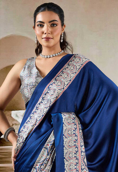 Blue Pure Soft Modal Satin Ajrakh Print Satin Saree Japan Satin Saree Anant Tex Exports Pvt.Ltd..