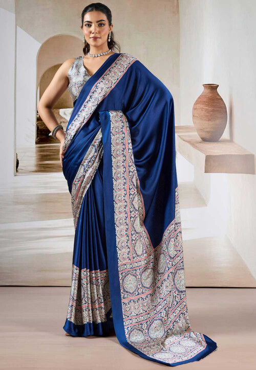 Blue Pure Soft Modal Satin Ajrakh Print Satin Saree