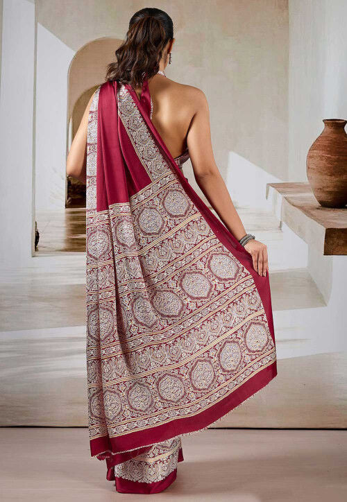 Red Pure Soft Modal Satin Ajrakh Print Satin Saree