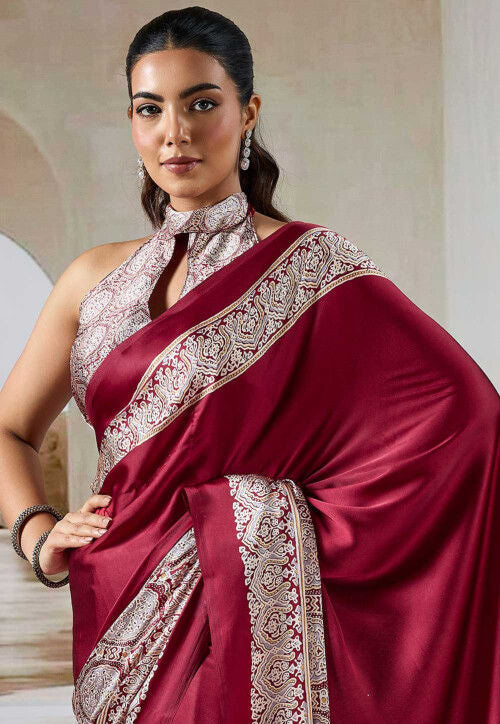 Red Pure Soft Modal Satin Ajrakh Print Satin Saree Japan Satin Saree Anant Tex Exports Pvt.Ltd..