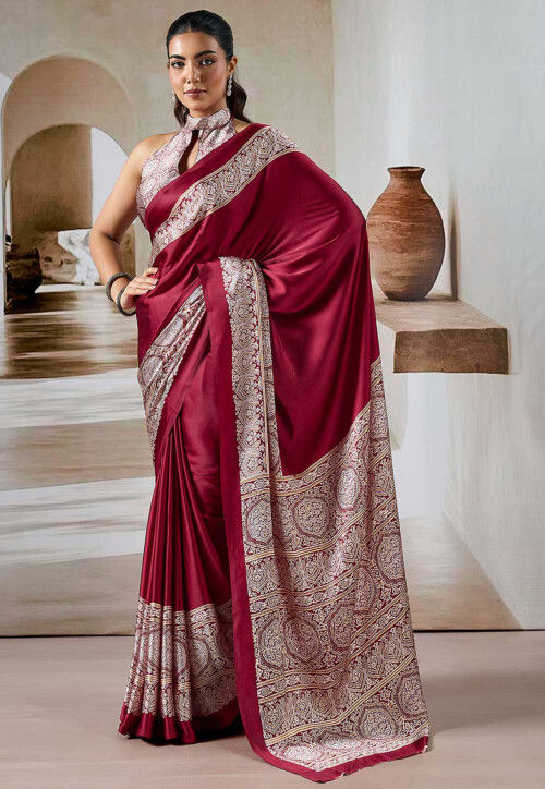 Red Pure Soft Modal Satin Ajrakh Print Satin Saree Japan Satin Saree Anant Tex Exports Pvt.Ltd..