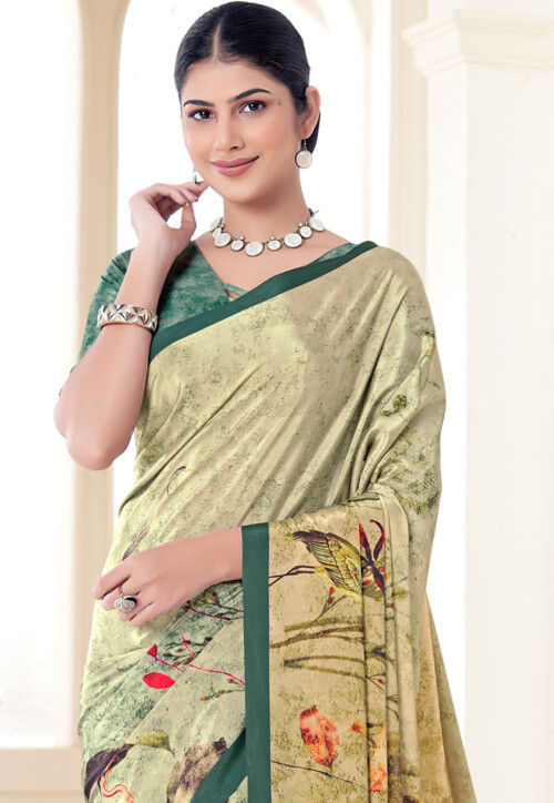 Beige Pure Soft Crape With Flower Digital Prints Satin Saree