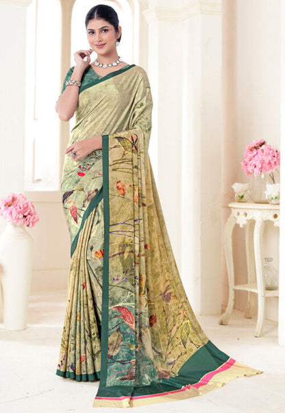 Beige Pure Soft Crape With Flower Digital Prints Satin Saree 