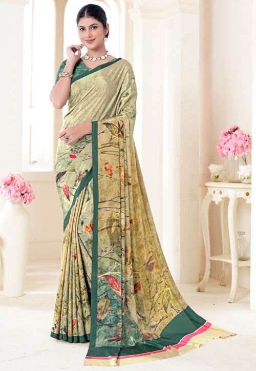 Beige Pure Soft Crape With Flower Digital Prints Satin Saree