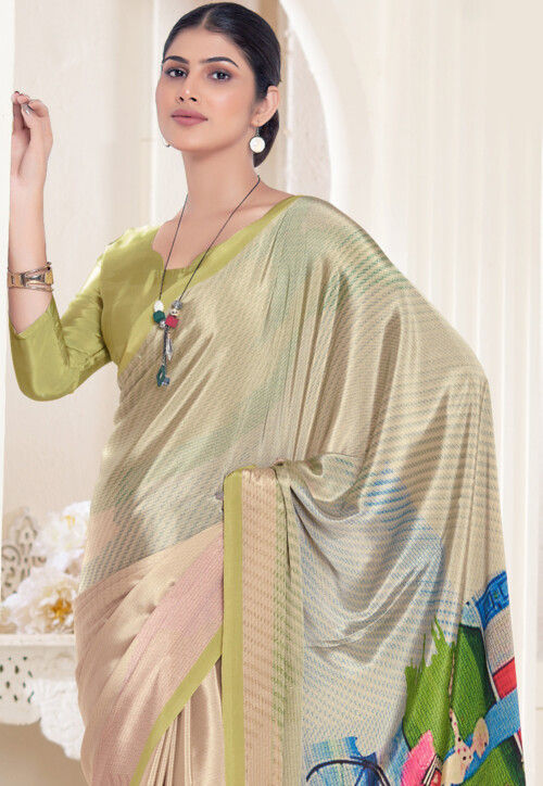 Sea Pure Soft Crape With Flower Digital Prints Satin Saree ##color## Japan Satin Saree with premium fabric and embroidery