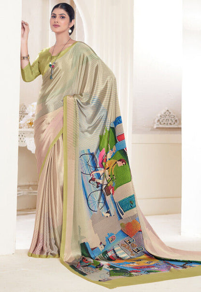 Sea Pure Soft Crape With Flower Digital Prints Satin Saree 