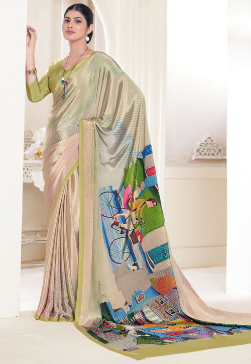 Sea Pure Soft Crape With Flower Digital Prints Satin Saree ##color## Japan Satin Saree with premium fabric and embroidery