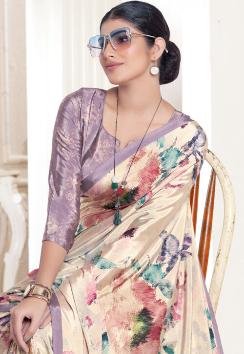 Beige Pure Soft Crape With Flower Digital Prints Satin Saree ##color## Japan Satin Saree with premium fabric and embroidery