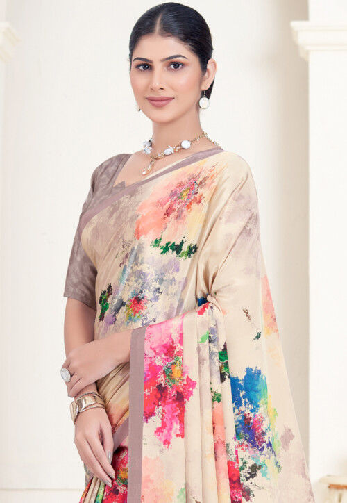 Beige Pure Soft Crape With Flower Digital Prints Satin Saree ##color## Japan Satin Saree with premium fabric and embroidery