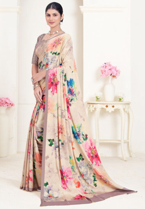 Beige Pure Soft Crape With Flower Digital Prints Satin Saree ##color## Japan Satin Saree with premium fabric and embroidery