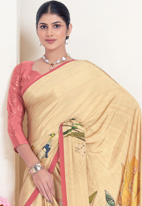 Beige Pure Soft Crape With Flower Digital Prints Satin Saree 