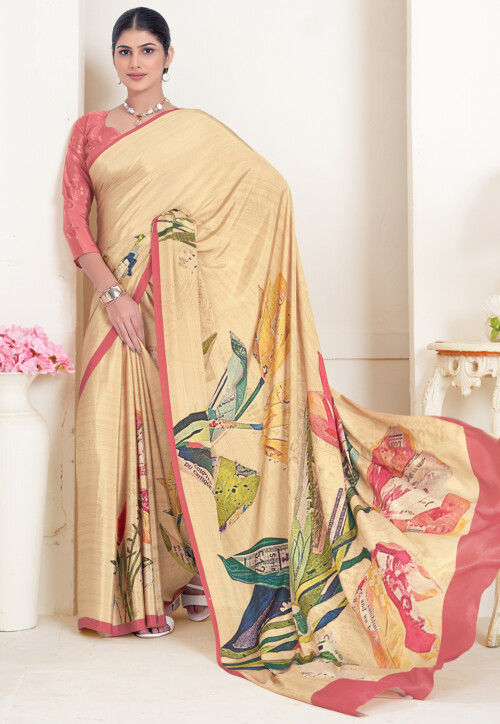 Beige Pure Soft Crape With Flower Digital Prints Satin Saree ##color## Japan Satin Saree with premium fabric and embroidery