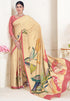 Beige Pure Soft Crape With Flower Digital Prints Satin Saree 