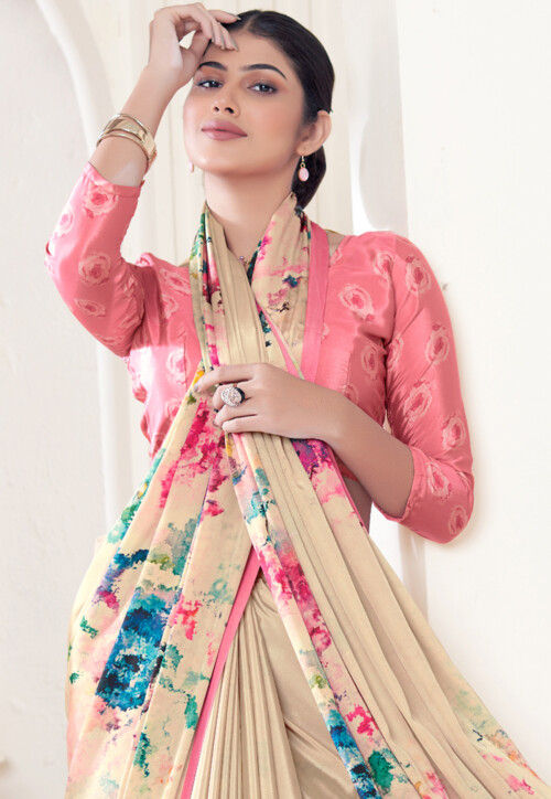 Pink Pure Soft Crape With Flower Digital Prints Satin Saree ##color## Japan Satin Saree with premium fabric and embroidery