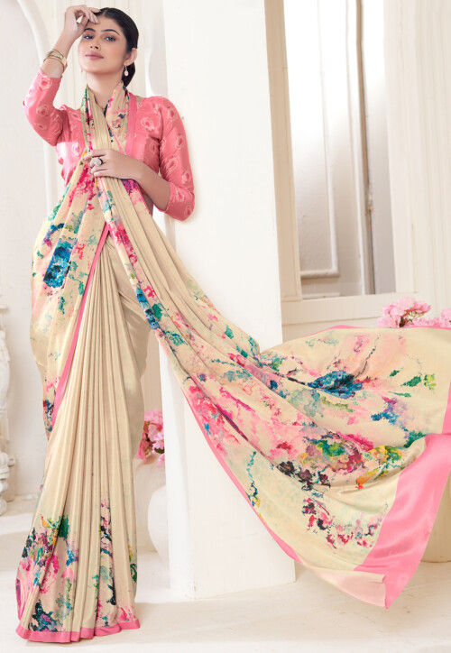 Pink Pure Soft Crape With Flower Digital Prints Satin Saree ##color## Japan Satin Saree with premium fabric and embroidery