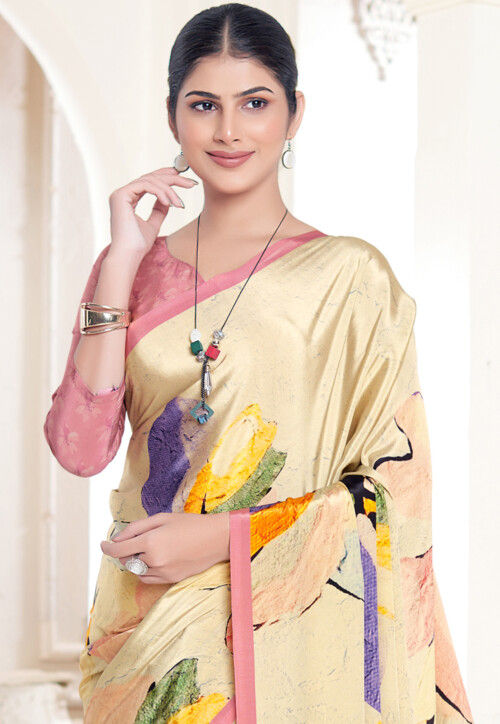 Cream Pure Soft Crape With Flower Digital Prints Satin Saree 