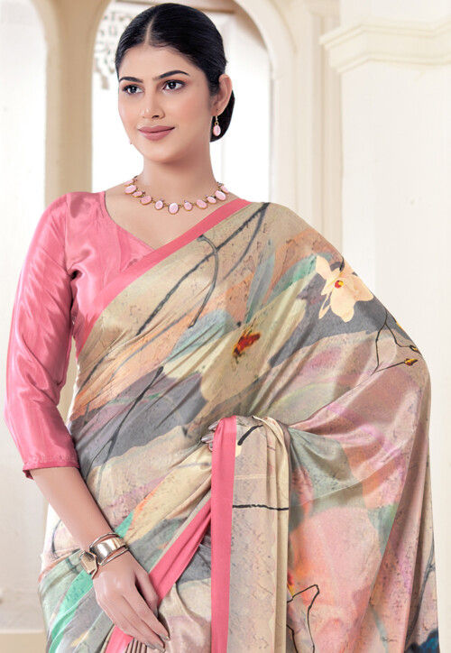 Multicolor Pure Soft Crape With Flower Digital Prints Satin Saree