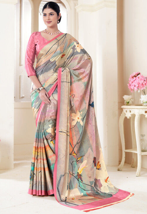 Multicolor Pure Soft Crape With Flower Digital Prints Satin Saree
