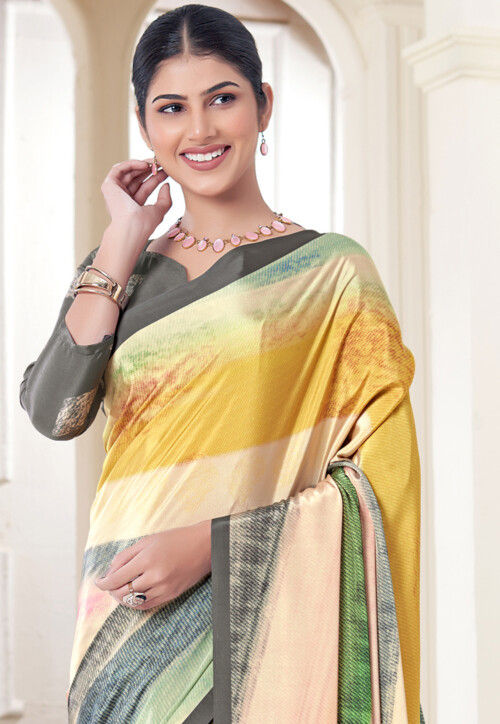 Multicolor Pure Soft Crape With Flower Digital Prints Satin Saree