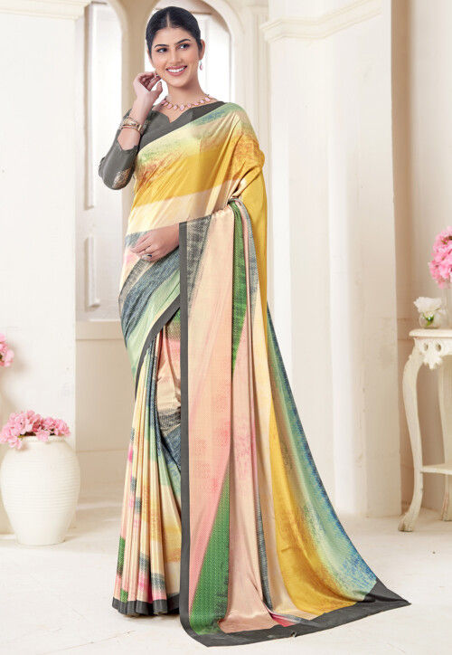 Multicolor Pure Soft Crape With Flower Digital Prints Satin Saree