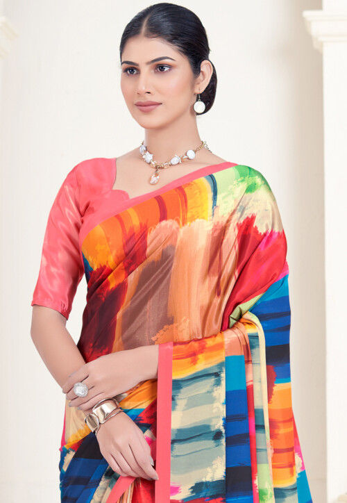 Multicolor Pure Soft Crape With Flower Digital Prints Satin Saree 