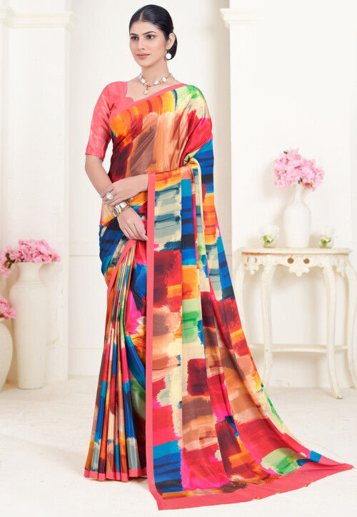Multicolor Pure Soft Crape With Flower Digital Prints Satin Saree ##color## Japan Satin Saree with premium fabric and embroidery