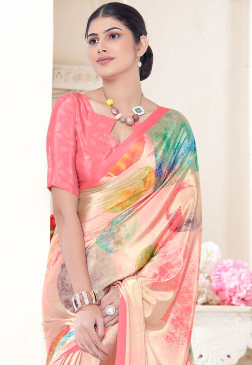 Peach Pure Soft Crape With Flower Digital Prints Satin Saree 