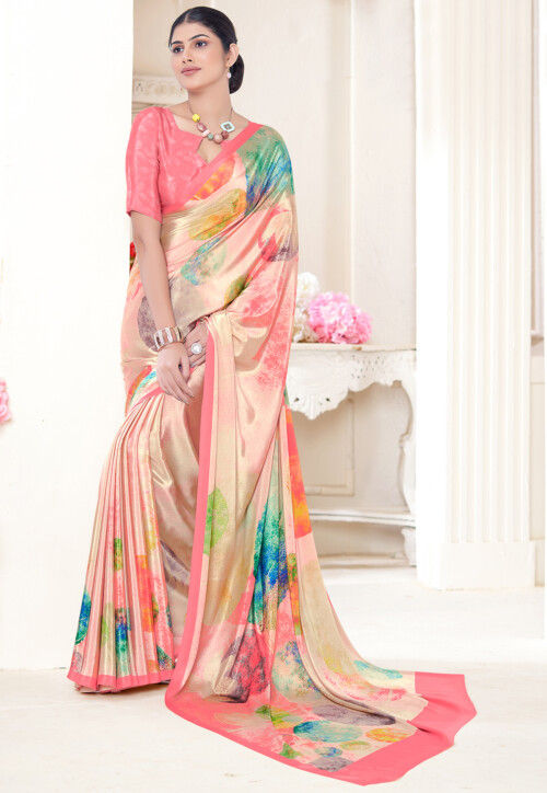 Peach Pure Soft Crape With Flower Digital Prints Satin Saree 