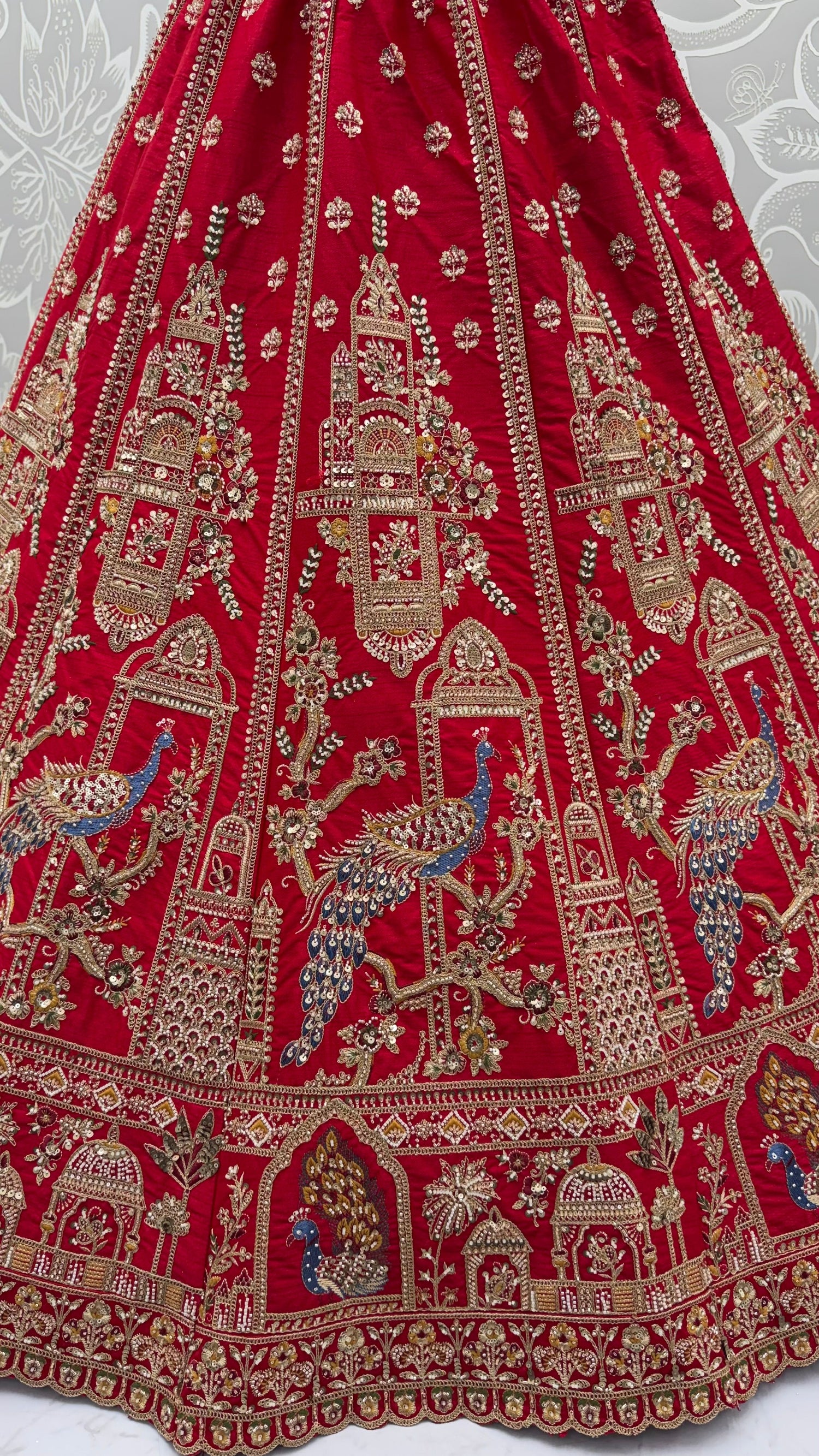 Red Pure Gadhwal Silk Khatali Handwork Sequins &amp; Crystal Bridal Lehenga Choli