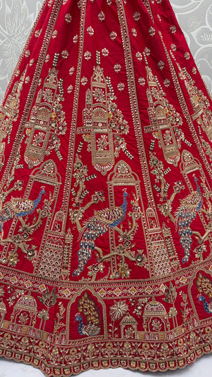 Red Pure Gadhwal Silk Khatali Handwork Sequins &amp; Crystal Bridal Lehenga Choli