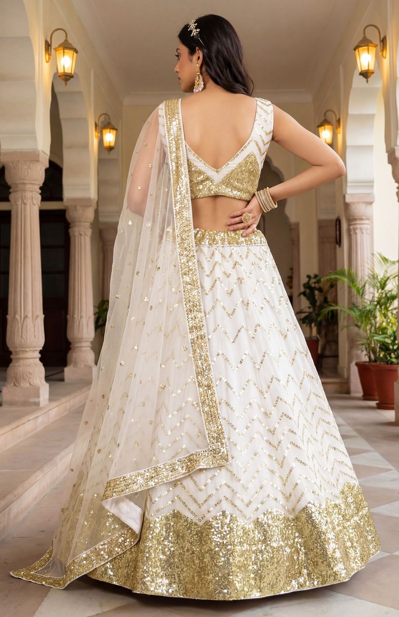White Pure Soft Heavy Net Sequins Embroidery Work Bridal Lehenga 